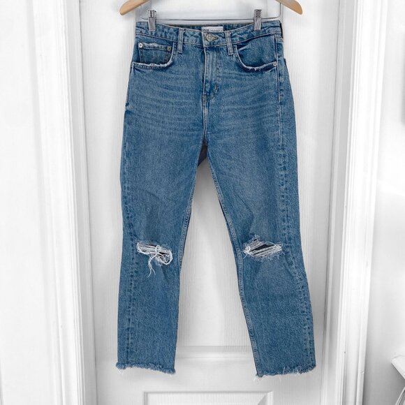 Zara - Light-Wash Distressed High-Waisted Straight-Leg Denim Jeans - Picture 1 of 5